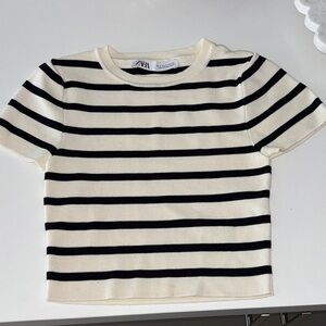 Zara Cropped Striped Black and White T-Shirt